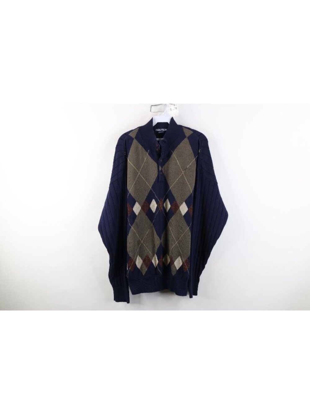 Vintage 90s Nautica Mens XL Wool Blend Knit Argyle Diamond Henley Sweater Golf